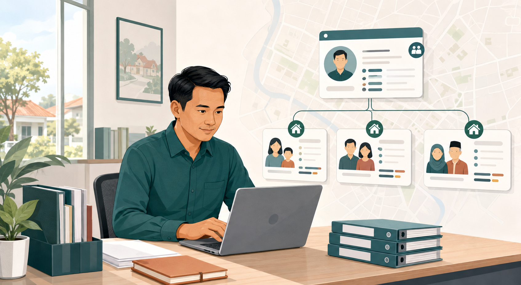 Ilustrasi pengurus mengelola data warga dan kartu keluarga